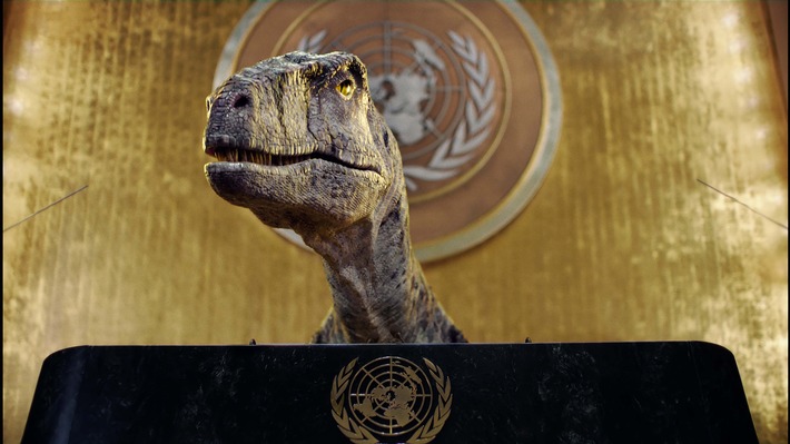Dinosaurier fordert Spitzenpolitiker bei den Vereinten Nationen auf, sich gegen das Aussterben zu entscheiden / Neuer Kurzfilm mit Weltstars rückt die Klimakrise ins Rampenlicht