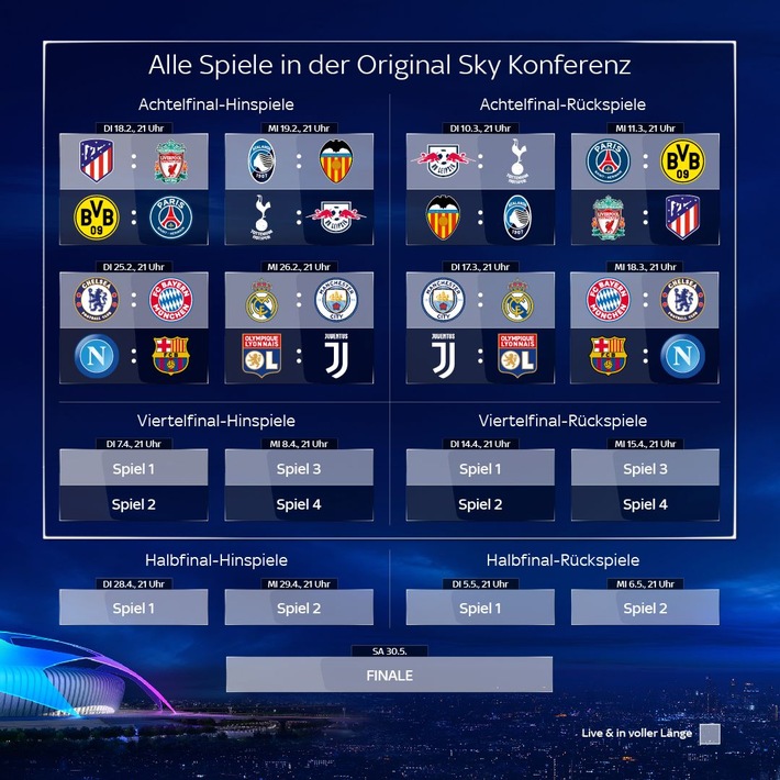 Das Achtelfinale der UEFA Champions League bei Sky: beide Duelle zwischen dem FC Bayern und Chelsea sowie die Rückspiele von RB Leipzig gegen Tottenham und Borussia Dortmund bei PSG live und exklusiv