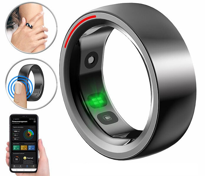 Der Fitness- und Schlaftracker für den Finger: newgen medicals Fitness- &amp; Schlaftracker-Ring mit Herzfrequenz- &amp; SpO2-Anzeige in den Größen 8, 10, 11 und 12