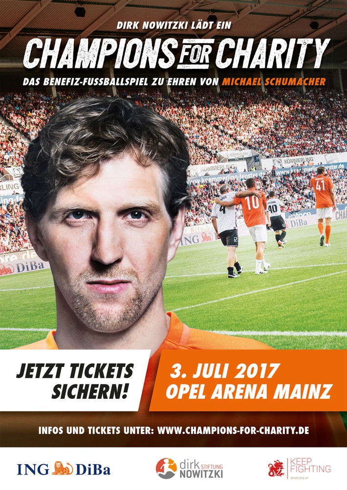 Dirk Nowitzki tritt wieder mit &quot;Champions for Charity&quot; an / Benefiz-Fußballspiel zu Ehren von Michael Schumacher am 3. Juli in Mainz