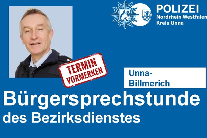 POL-UN: Unna - Bürgersprechstunde des Bezirksdienstes der Polizei in Billmerich
- Bezirksbeamter der Polizei bietet Informationen und Hilfe an -