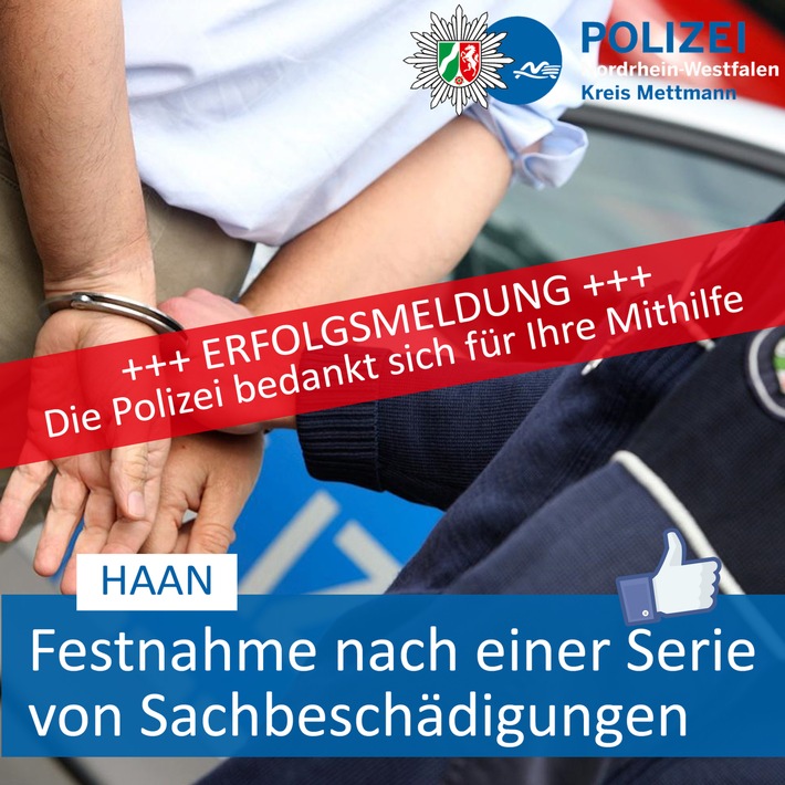 POL-ME: Festnahmeerfolg nach vorausgegangenen Sachbeschädigungen - Haan - 2001155