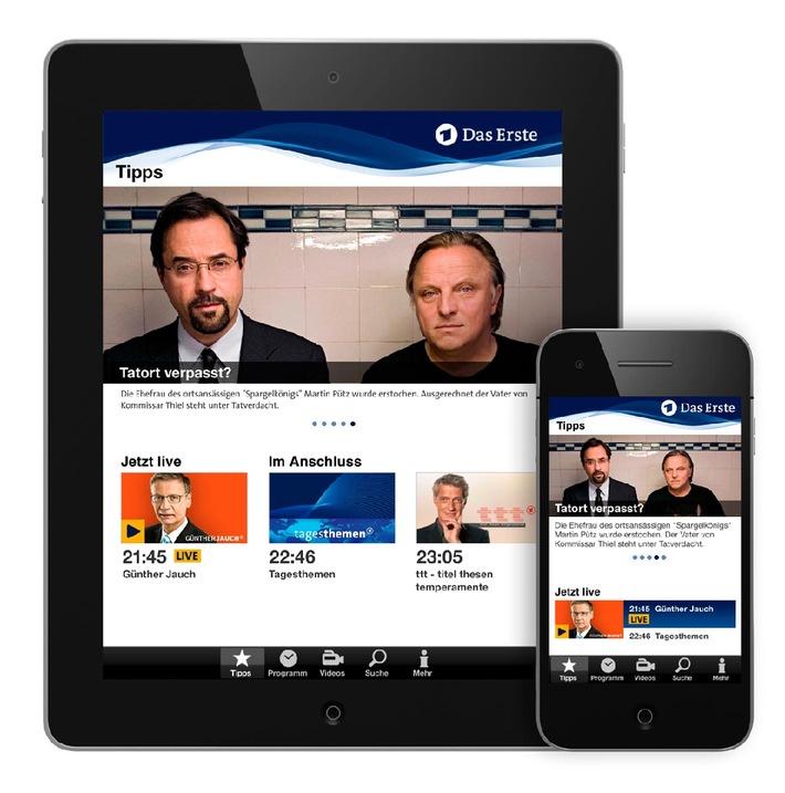 Das Erste App ab sofort verfügbar / Das Erste zum Mitnehmen: Videos, Livestream, Programminformationen und TV-Tipps des Ersten Deutschen Fernsehens für Smartphone und Tablets (BILD)