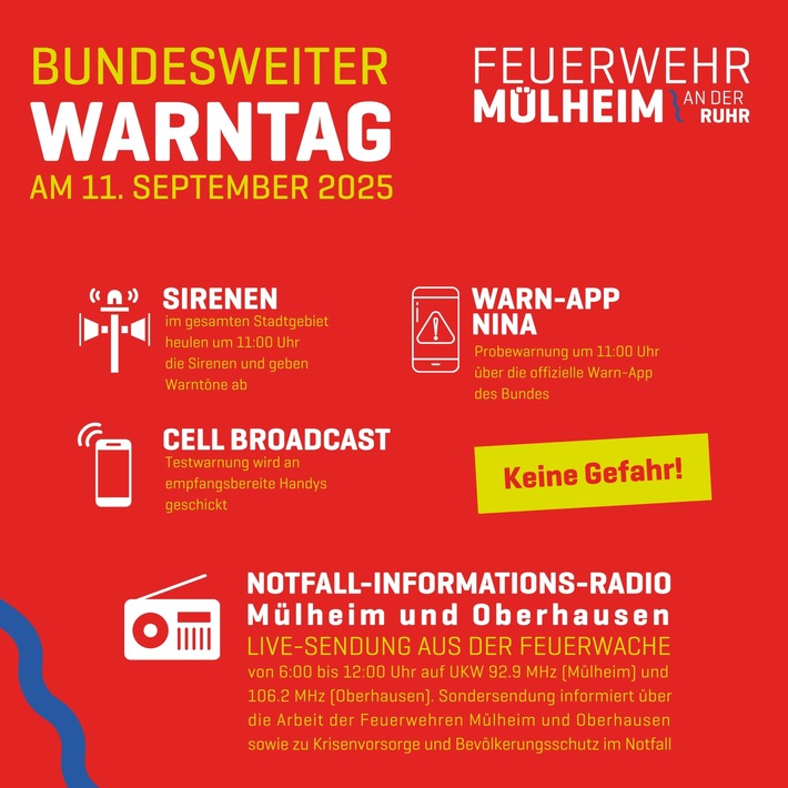 FW-MH: Bundesweiter Warntag am 11. September: Sirenen, Warn-Apps und Notfallradio in Mülheim