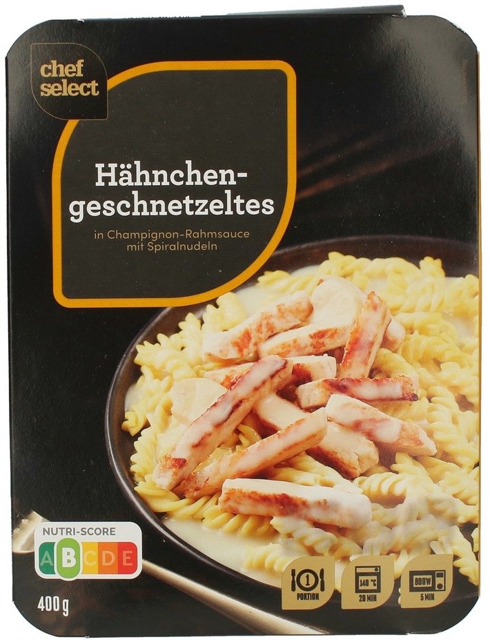 Der Hersteller Allgäu Fresh Foods GmbH & Co. KG informiert über einen Warenrückruf des Produktes "Chef Select Hähnchengeschnetzeltes in Champignon-Rahmsauce mit Spiralnudeln, 400g"