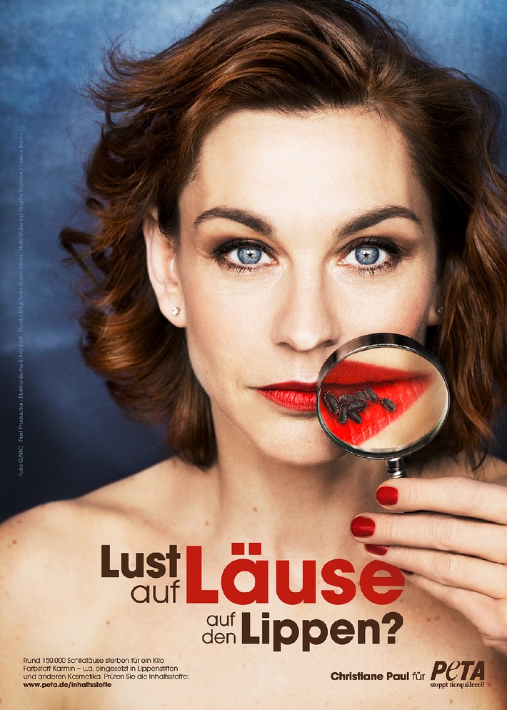 Schauspielerin Christiane Paul präsentiert sexy rote Lippen - 
neues PETA-Motiv für Kosmetika ohne tierische Inhaltsstoffe