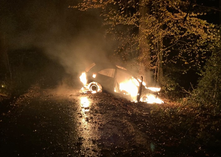 POL-HA: Auto brennt nach Unfall in Haspe aus - 19-Jähriger kommt von der Fahrbahn ab und fährt gegen Baum