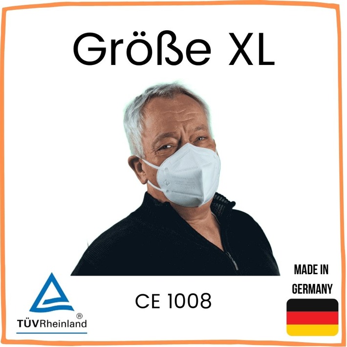 FFP2 Maske Größe XL zertifiziert nach CE1008. / Weiterer Text über ots und www.presseportal.de/nr/161989 / Die Verwendung dieses Bildes ist für redaktionelle Zwecke unter Beachtung ggf. genannter Nutzungsbedingungen honorarfrei. Veröffentlichung bitte mit Bildrechte-Hinweis.