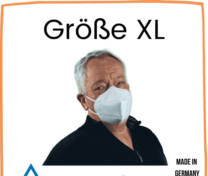 FFP2 Maske Größe XL zertifiziert nach CE1008. / Weiterer Text über ots und www.presseportal.de/nr/161989 / Die Verwendung dieses Bildes ist für redaktionelle Zwecke unter Beachtung ggf. genannter Nutzungsbedingungen honorarfrei. Veröffentlichung bitte mit Bildrechte-Hinweis.