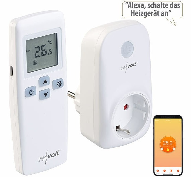 Geld und Strom beim Heizen sparen: revolt WLAN-Steckdosen-Thermostat mit Sensor-Fernbedienung, App, Sprachbefehl