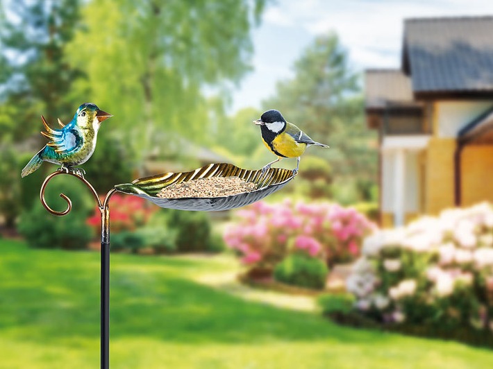 Royal Gardineer Dekorative Vogeltränke aus Stahl, 3-teiliger Erdspieß, bis 112 cm: Wasser- und Futterquelle für Vögel