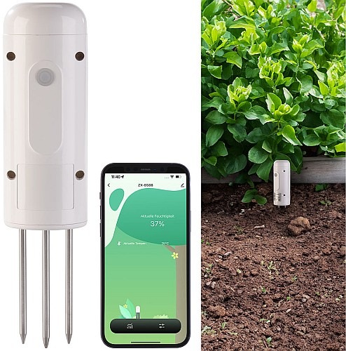 Pflanzenbewässerung smart prüfen und steuern: Luminea Home Control Smarter, universeller ZigBee-Boden-Feuchtigkeits- &amp; Temperatursensor