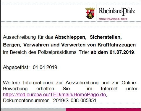 POL-PPTR: Polizeipräsidium Trier vergibt neue Abschleppverträge - Interessierte Abschleppunternehmen sind eingeladen, sich zu bewerben