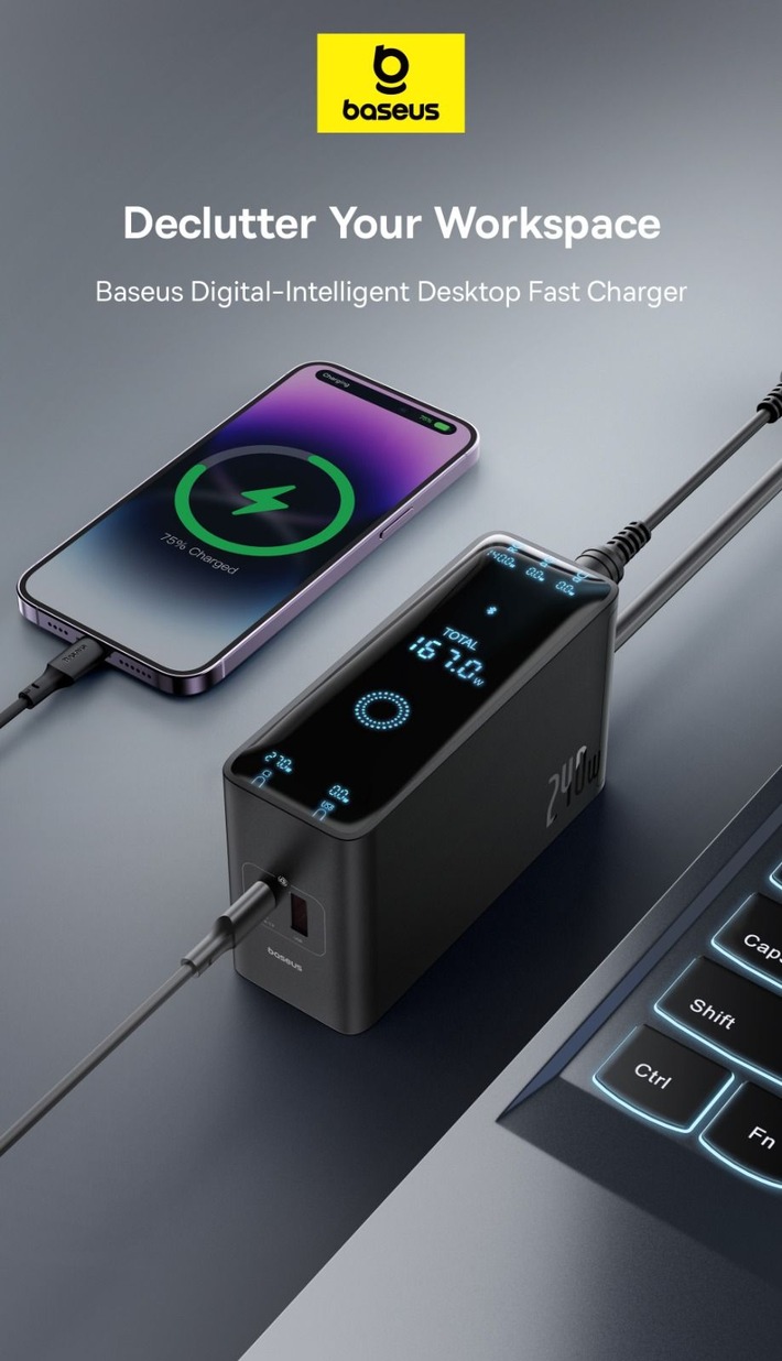 IFA 2023: "Baseus Gan 5 Pro 240W Desktop Fast Charger" punktet mit Display und App-Support / Unternehmen präsentiert auf der Messe zahlreiche Produktneuheiten und seinen ersten EV-Charger