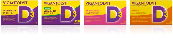 Vier Verpackungen von Vigantolvit® Vitamin D3 in verschiedenen Varianten nebeneinander angeordnet / Weiterer Text über ots und www.presseportal.de/nr/13483 / Die Verwendung dieses Bildes für redaktionelle Zwecke ist unter Beachtung aller mitgeteilten Nutzungsbedingungen zulässig und dann auch honorarfrei. Veröffentlichung ausschließlich mit Bildrechte-Hinweis.