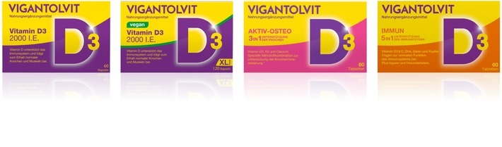 Vier Verpackungen von Vigantolvit® Vitamin D3 in verschiedenen Varianten nebeneinander angeordnet / Weiterer Text über ots und www.presseportal.de/nr/13483 / Die Verwendung dieses Bildes für redaktionelle Zwecke ist unter Beachtung aller mitgeteilten Nutzungsbedingungen zulässig und dann auch honorarfrei. Veröffentlichung ausschließlich mit Bildrechte-Hinweis.