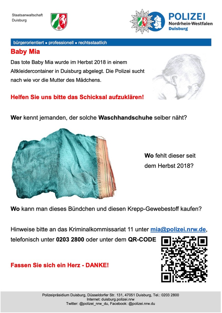 POL-DU: Duisburg: Baby Mia: Kriminalwissenschaftler liefert neuen Ermittlungsansatz - Waschhandschuh selbst genäht / Plakataktion