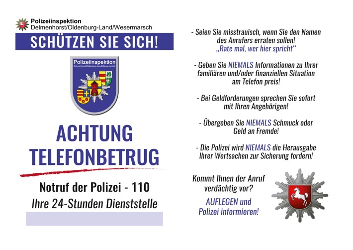 POL-DEL: Polizeiinspektion Delmenhorst/Oldenburg-Land/Wesermarsch: Warnung vor falschen Polizeibeamten und Haustürgeschäften