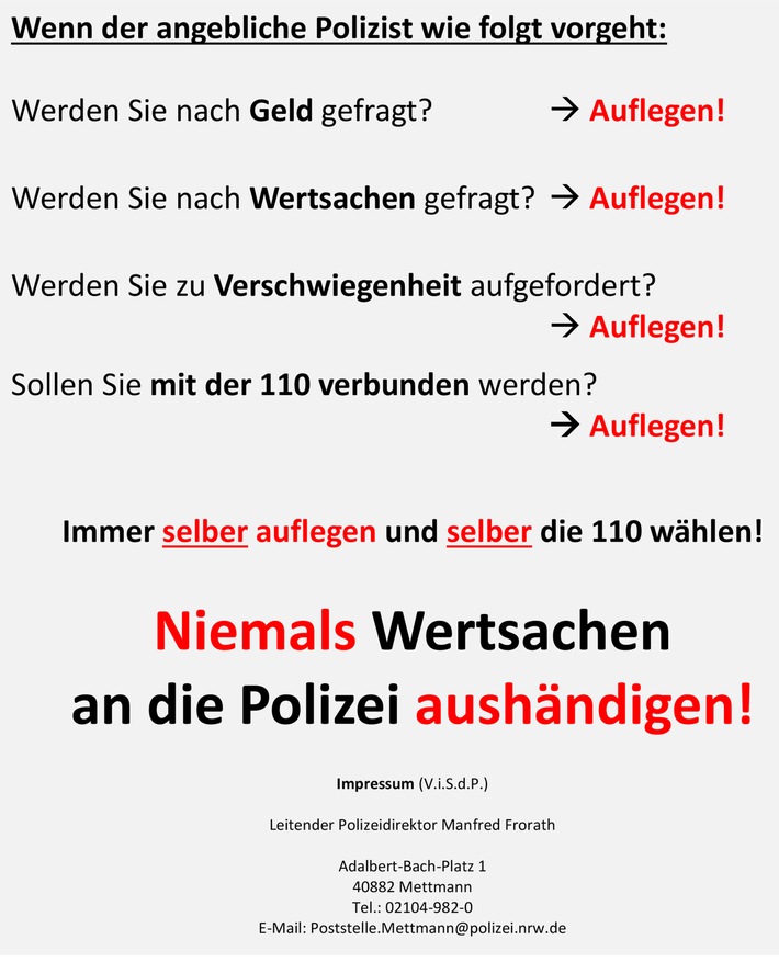 POL-ME: Nur zwei Senioren hatten bisher noch nichts von &quot;falschen Polizeibeamten&quot; gehört - Aktionsmeldung 1 - Hilden / Kreis Mettmann - 1905076