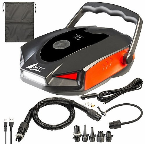 Wassersport-Artikel, Reifen u.v.m. mühelos aufpumpen: AGT 2in1-Akku-Kompressor- & Schlauchboot-Pumpe, 50 psi / 3,4 bar, 12 Volt / USB
