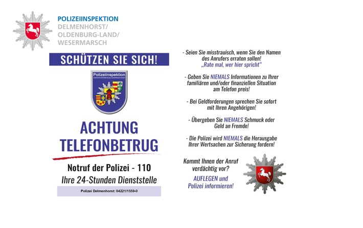 POL-DEL: Stadt Delmenhorst: Warnung vor falschen Polizeibeamten