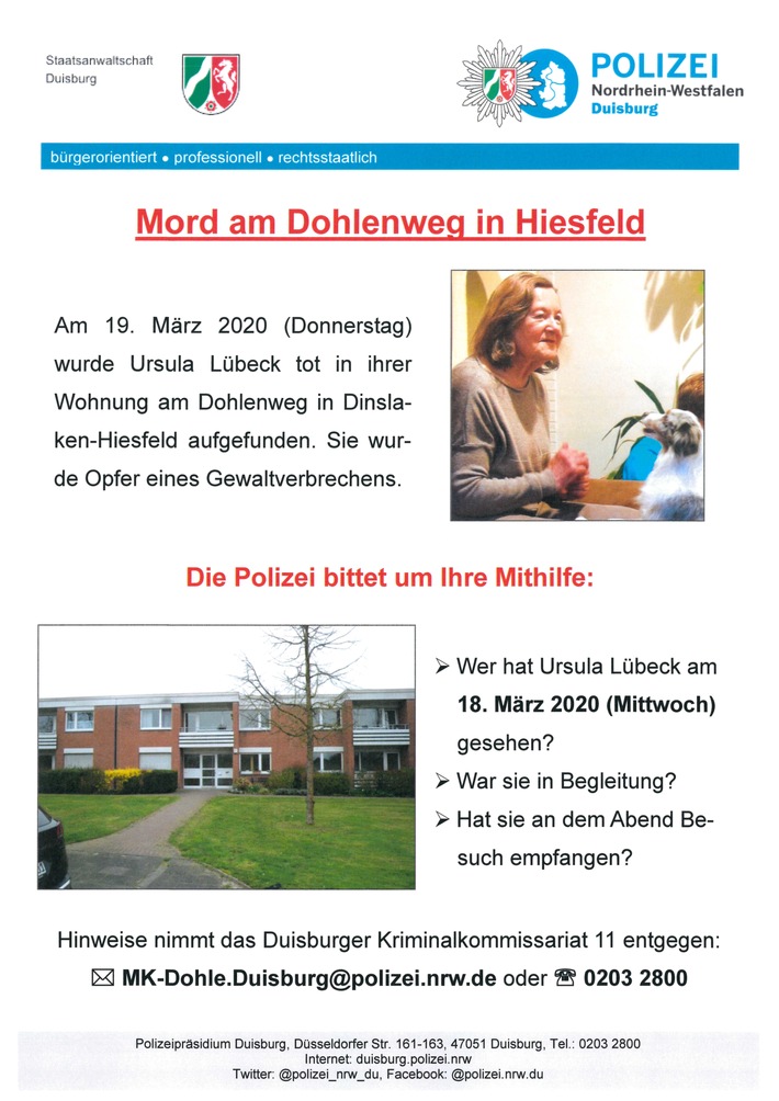 POL-WES: Dinslaken-Hiesfeld: Mordfall Ursula Lübeck - Zeugensuche mit Plakaten und Slideshow (Pressemitteilung der Polizei Duisburg)