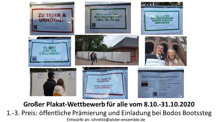 Vertrauensbruch durch Stadt Hamburg: Baubeginn des umstrittenen &quot;Wasserrettungszentrums&quot; an der Außenalster trotz öffentlicher Anhörung im Bezirk / Plakat-Wettbewerb am Bauzaun für alle bis 31.10.2020