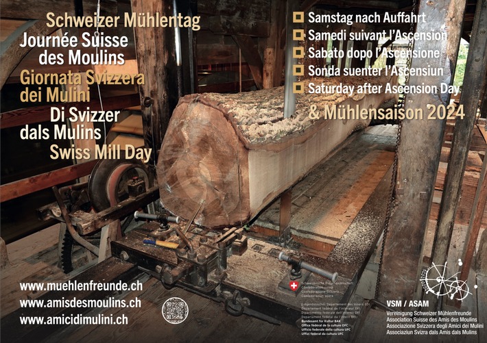 24. Schweizer Mühlentag und Sommersaison / Die Vereinigung Schweizer Mühlenfreunde VSM/ASAM lädt am Samstag nach Auffahrt am 11. Mai 2024 zum Mühlentag ein / Das aktuelle Thema ist "Der Duft des Holzes"