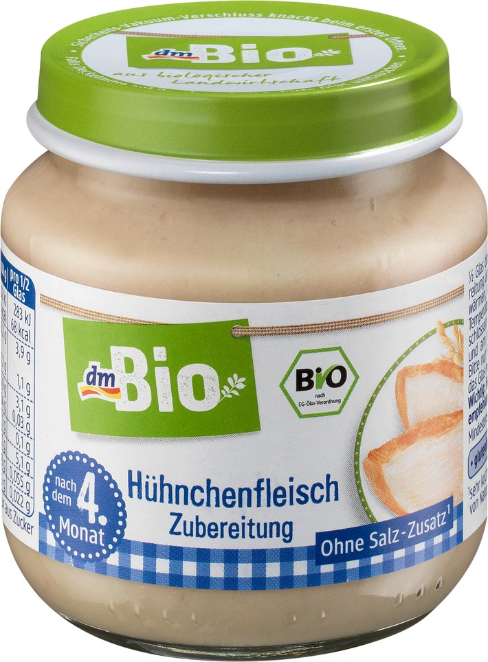 Verbraucherinformation: dm ruft vorsorglich den Artikel "dmBio Hühnchenfleisch Zubereitung nach dem 4. Monat 125g" zurück