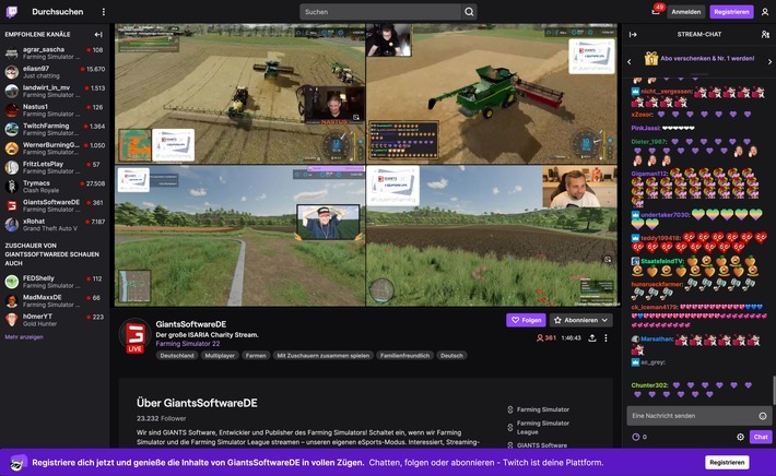 Angefeuert und motiviert durch die sehr aktive Landwirtschafts-Simulator-22-Community, erspielten die Streamer unter dem Einsatz der ISARIA Pflanzensensoren 5.000 Euro für den Ukraine Emergency Fund. / Weiterer Text über ots und www.presseportal.de/nr/161376 / Die Verwendung dieses Bildes ist für redaktionelle Zwecke unter Beachtung ggf. genannter Nutzungsbedingungen honorarfrei. Veröffentlichung bitte mit Bildrechte-Hinweis.