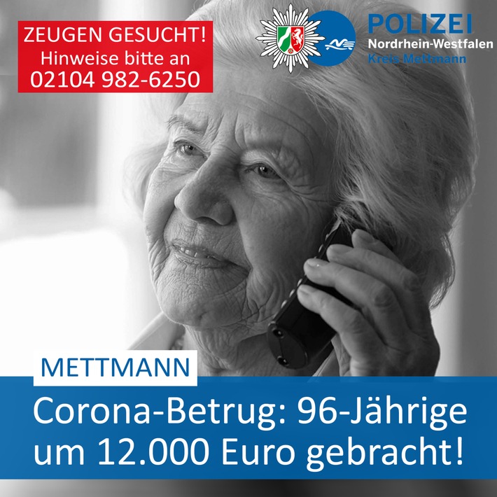 POL-ME: Erneuter Corona-Betrug: Hoher Schaden für 96-jährige Mettmannerin - Mettmann - 2007070
