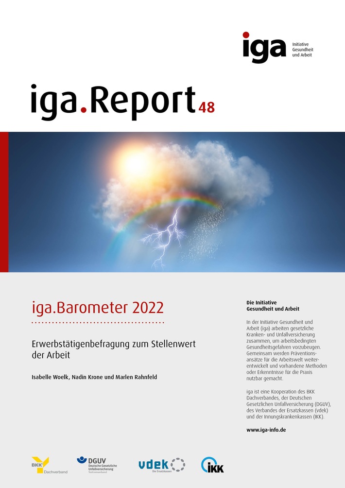 Der iga.Report 48 fasst die Ergebnisse einer Befragung unter rund 2.000 Erwerbstätigen zusammen. Er zeigt: Die Arbeit hat für die meisten einen hohen Stellenwert und macht ihnen Spaß. Im Trendvergleich der Jahre 2016, 2019 und 2022 stiegen die Werte für Arbeitszufriedenheit in allen Kategorien kontinuierlich. / Weiterer Text über ots und www.presseportal.de/nr/58336 / Die Verwendung dieses Bildes für redaktionelle Zwecke ist unter Beachtung aller mitgeteilten Nutzungsbedingungen zulässig und dann auch honorarfrei. Veröffentlichung ausschließlich mit Bildrechte-Hinweis.