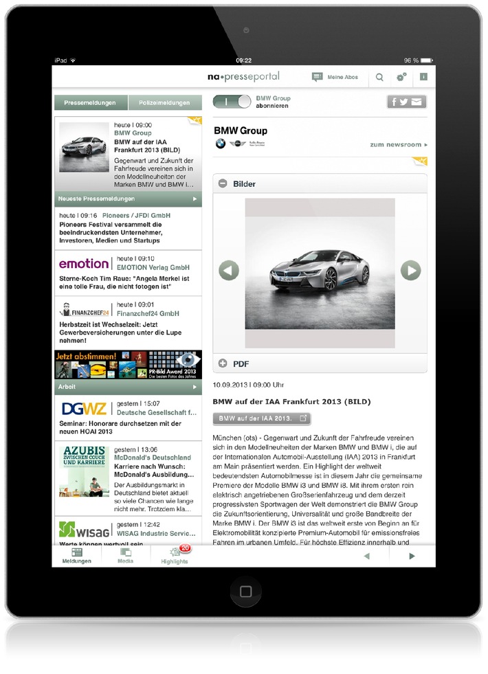 OTS auf dem iPad: Neue App der dpa-Tochter news aktuell (BILD)