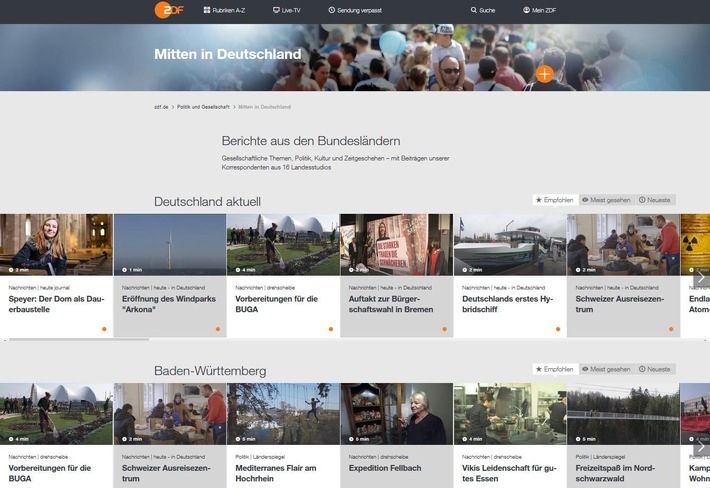 Mitten in Deutschland: ZDF stärkt Länder-Auftritt in der ZDFmediathek (FOTO)
