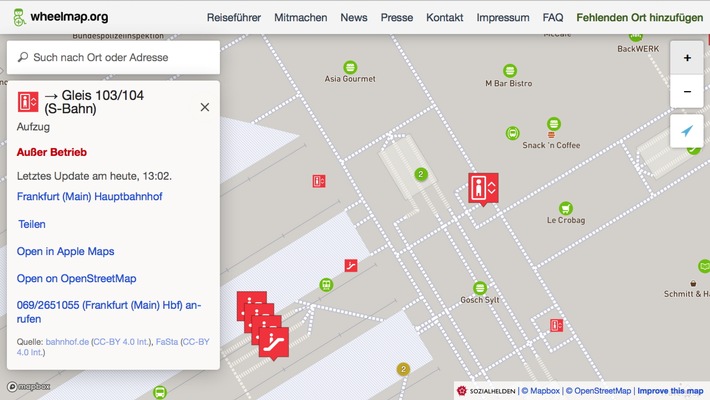Bundesweit Informationen zu Aufzugsstörungen auf der Online-Karte Wheelmap verfügbar