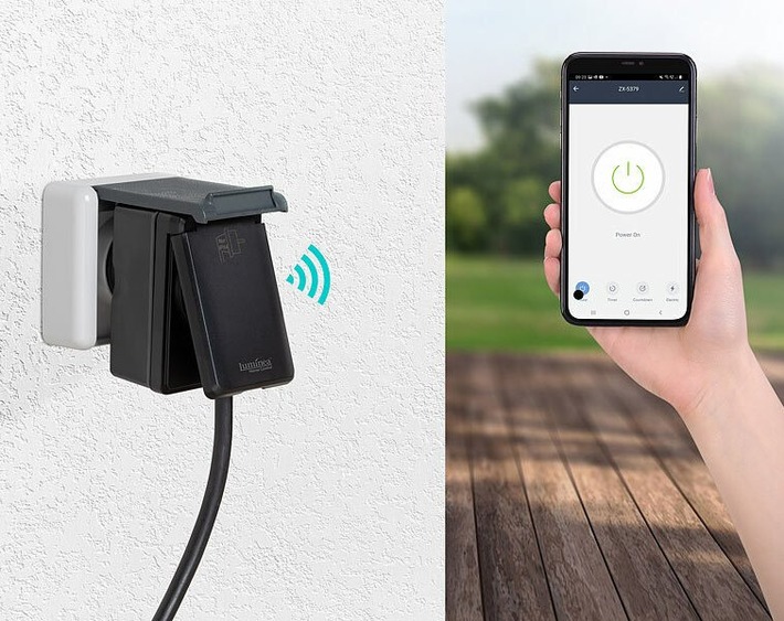 Luminea Home Control Smarte WLAN-Outdoor-Steckdose SF-570.avs, Energiekostenmesser, 16A, IP44, schwarz: Elektrogeräte per Sprachbefehl &amp; weltweit per Smartphone steuern