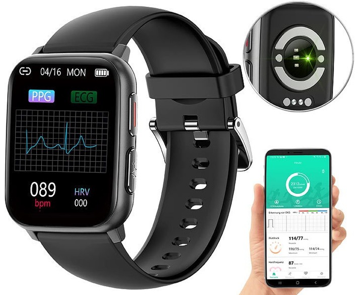 newgen medicals Fitness-Smartwatch SW-480, mit EKG-, Blutdruck-, SpO2-Anzeige, Bluetooth, IP68: Trainingsfortschritte analysieren und Nachrichtenzentrale am Handgelenk