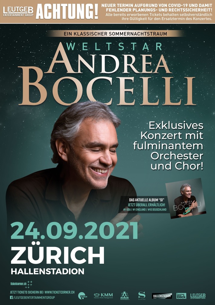 Konzertverschiebung aufgrund von Covid-19 ANDREA BOCELLI | Hallenstadion Zürich