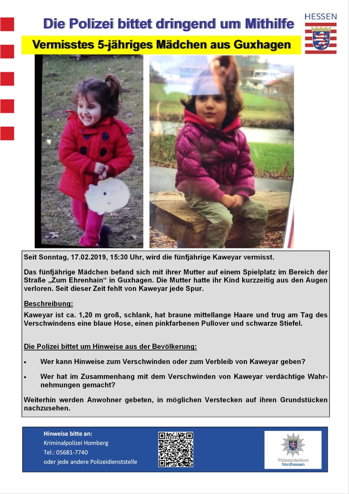 POL-HR: Guxhagen - 5-jährige Kaweyar weiterhin vermisst - Polizei bittet dringend um Mithilfe
