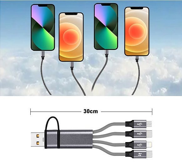 Callstel 8in1-Lade- &amp; Datenkabel USB-C/A zu USB-C/Micro-USB/Lightning, 30cm, 3A: kurzes All-in-One 4-Port Kabel - perfekt für Powerbanks und auf Reisen.