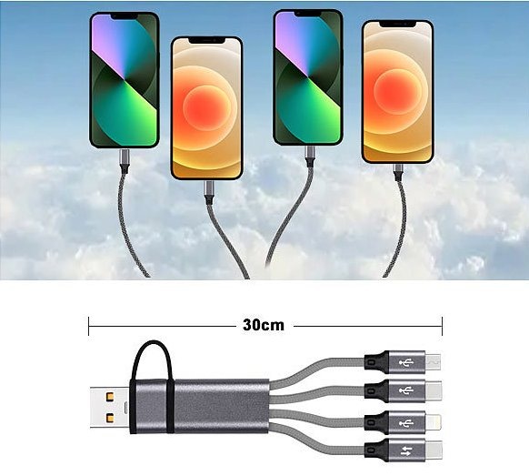 Callstel 8in1-Lade- & Datenkabel USB-C/A zu USB-C/Micro-USB/Lightning, 30cm, 3A: kurzes All-in-One 4-Port Kabel - perfekt für Powerbanks und auf Reisen.