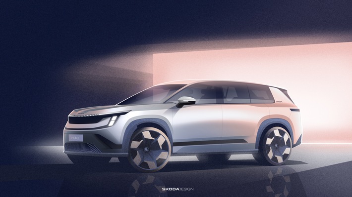 Škoda präsentiert Exterieurskizzen seines neuen elektrischen Siebensitzers Peaq