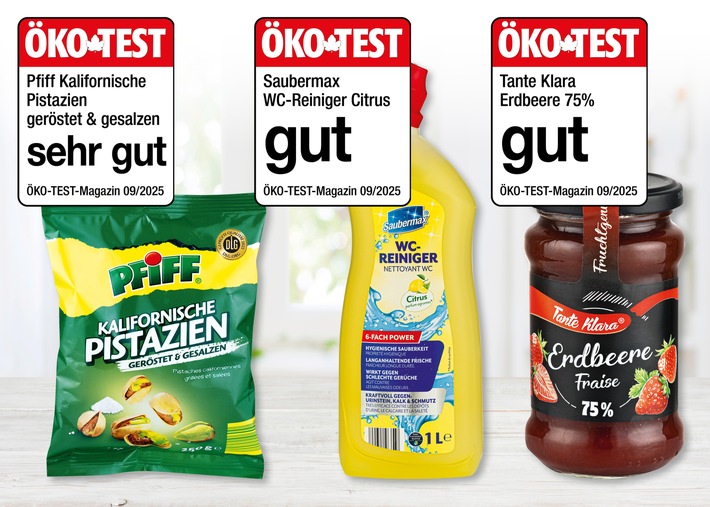 ÖKO-TEST zeichnet Erdbeer-Konfitüre, Pistazien und WC-Reiniger von NORMA mit Top-Noten aus / Einmal "sehr gut", zweimal "gut" im September 2025