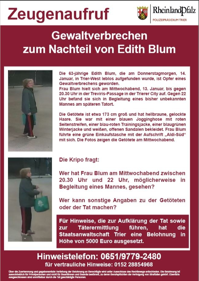 POL-PPTR: SoKo Luke schaltet anonymes Hinweistelefon zum Tötungsdelikt Edith Blum