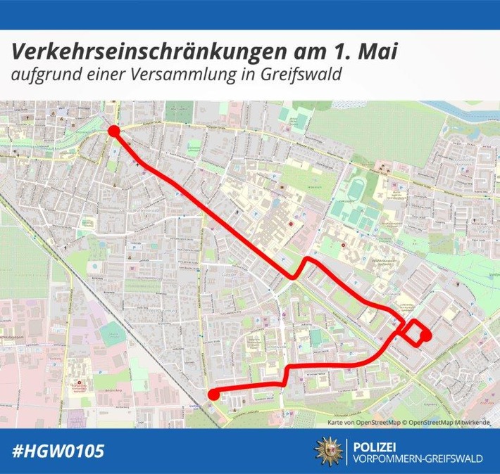 POL-ANK: Verkehrseinschränkungen aufgrund einer Versammlung am 1. Mai 2020 in Greifswald