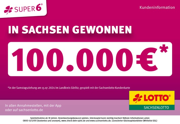 TOTO-Spielerin aus dem Landkreis Görlitz erhält Zusatzlotteriegewinn von 100.000 Euro direkt aufs Konto