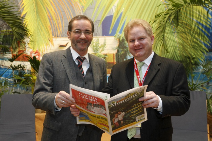 Tropische Schlagzeilen von der ITB: Brandenburgs Ministerpräsident Matthias Platzeck besucht den Tropical Islands Stand