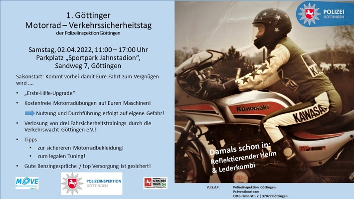POL-GÖ: (148/2022) Polizeiinspektion Göttingen veranstaltet &quot;1. Göttinger Motorrad - Verkehrssicherheitstag&quot; - Informatives Programm am 2. April am Jahnstadion