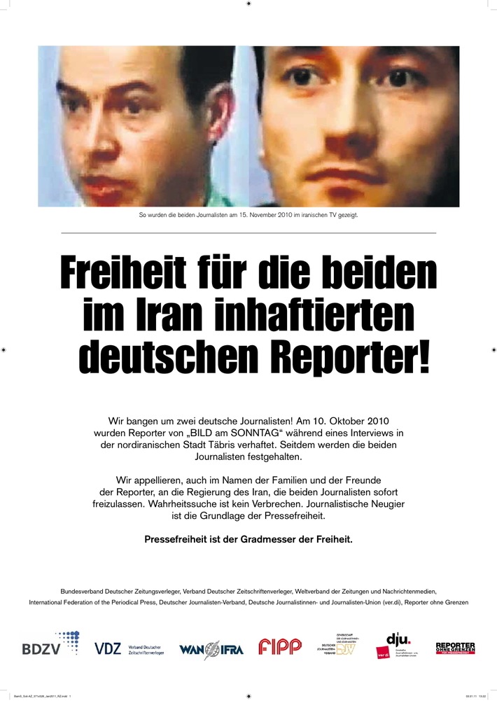 Verleger- und Journalistenverbände starten Kampagne zur Freilassung der im Iran inhaftierten Journalisten (mit Bild)