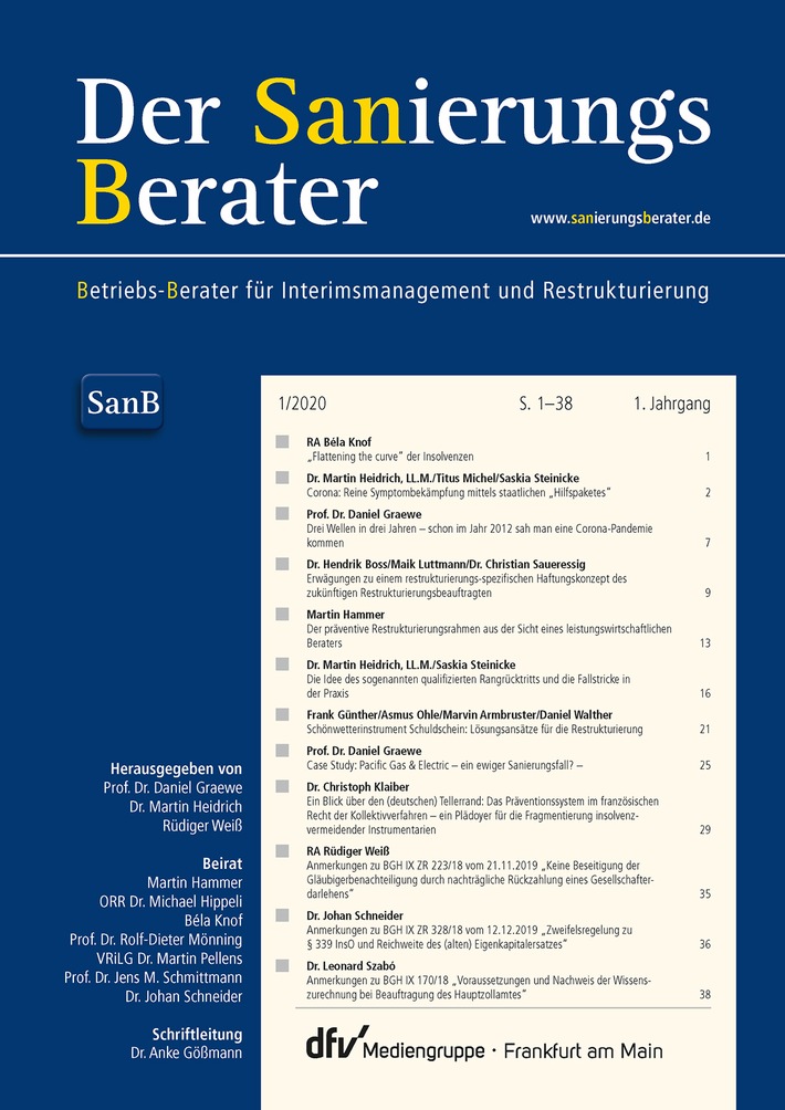 "Der Sanierungsberater" print & online - Neue juristische Fachzeitschrift zum Thema Restrukturierung und Interimsmanagement